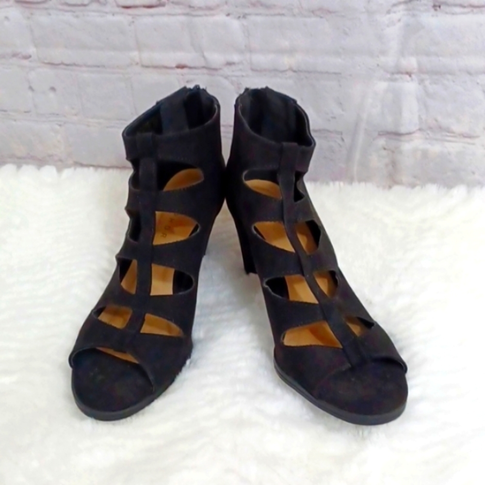 Metaphor‎ ruby black open toe cutout heeled sandals / ankle boot zipper  size 7